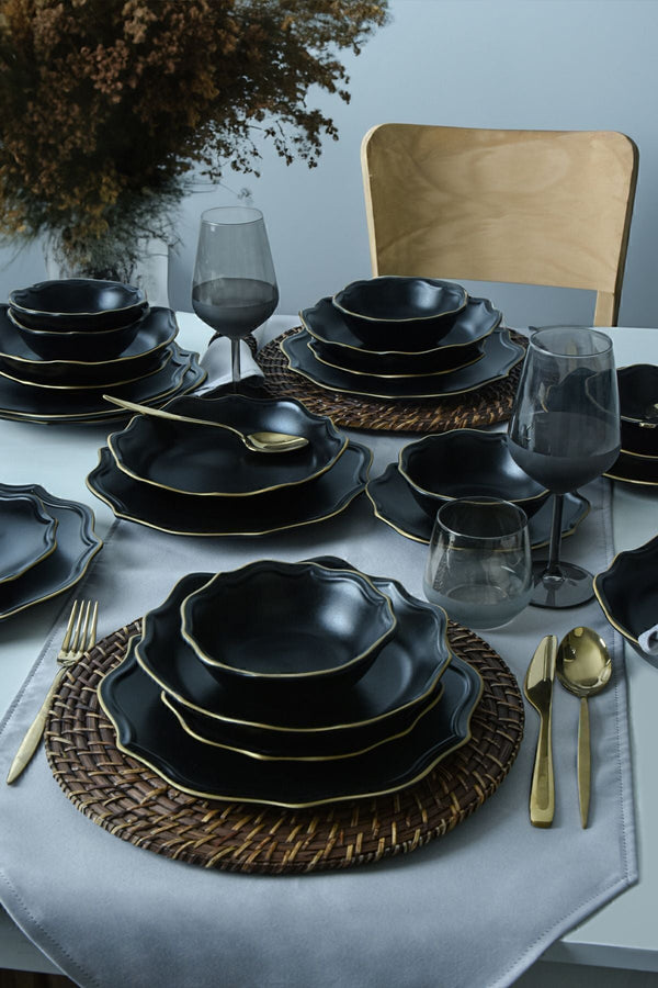 Mat Black/Gold Romeo Dinnerware Set 24 pcs - Chaplin Home